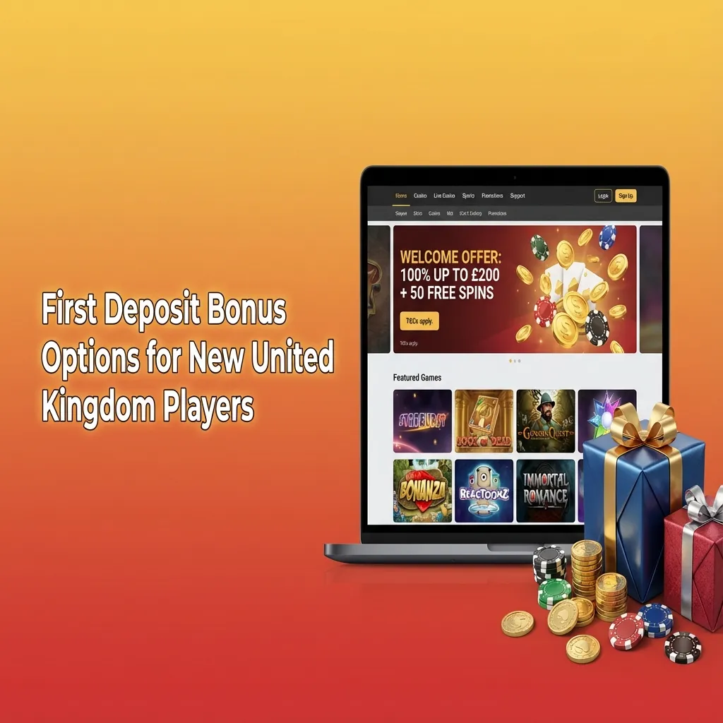 Infographic showing three UK first deposit casino bonuses with different match percentages, free spins, and wagering terms