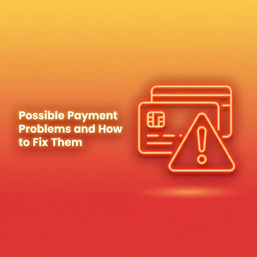 Infographic titled “Possible Payment Problems and How to Fix Them” with icons for card decline, delays, pending, mismatch, and bonus.